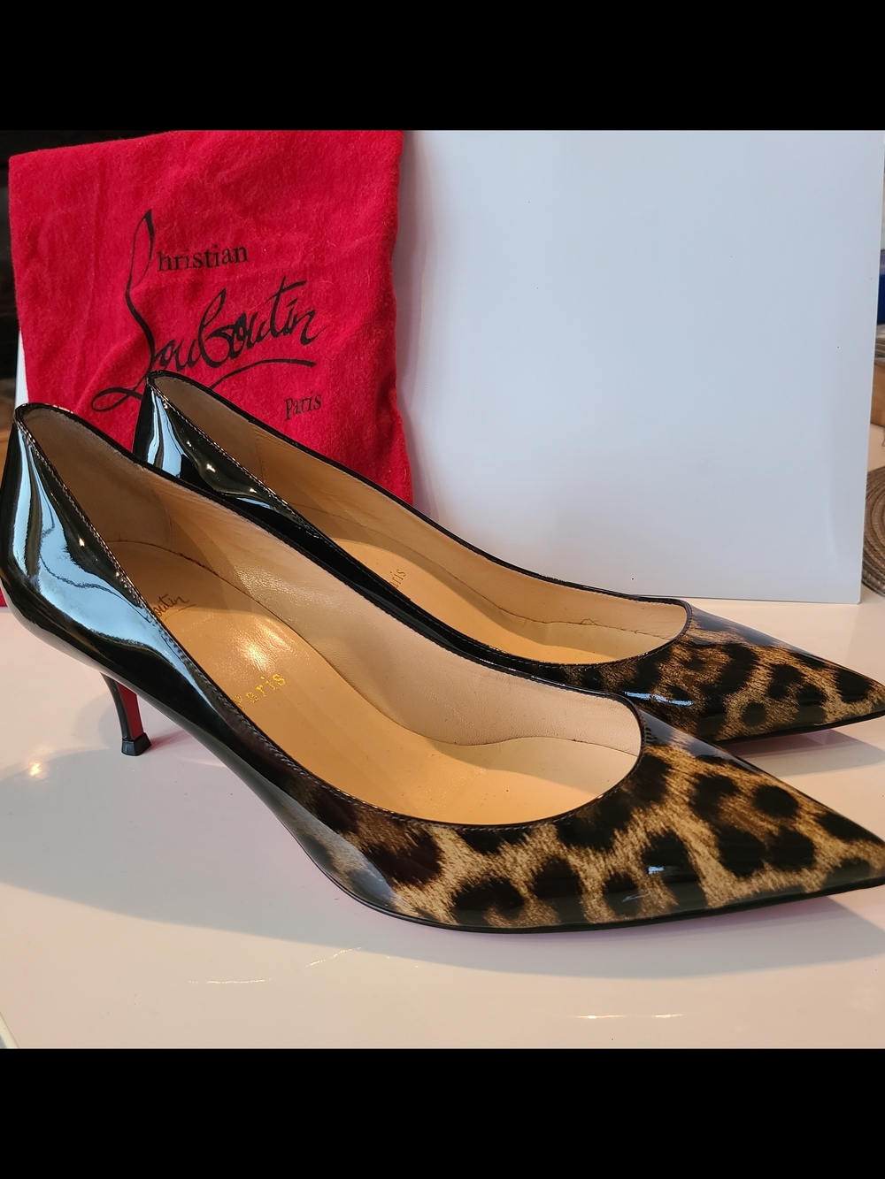 Christian Louboutin Pigalle Follies Black Patent & Leopard Print Pumps